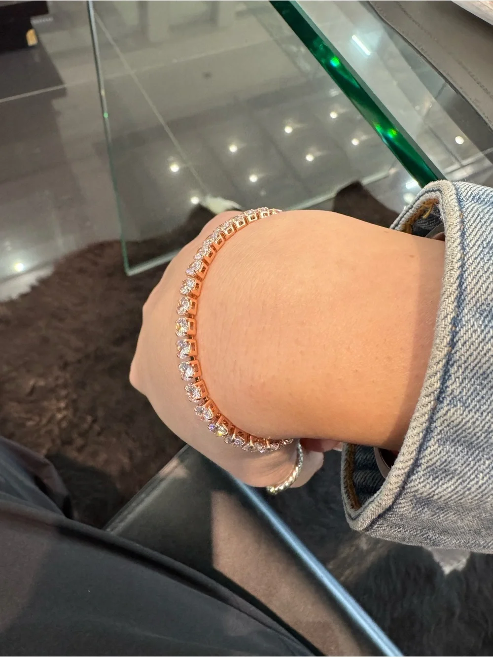 New Sparkling Rhinestone Tennis Bracelet - Rose Gold Tone Stainless Steel.